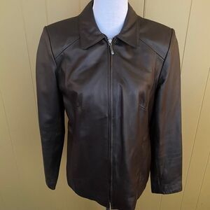 Style & Co women L genuine leather full zip satin lined jacket brown